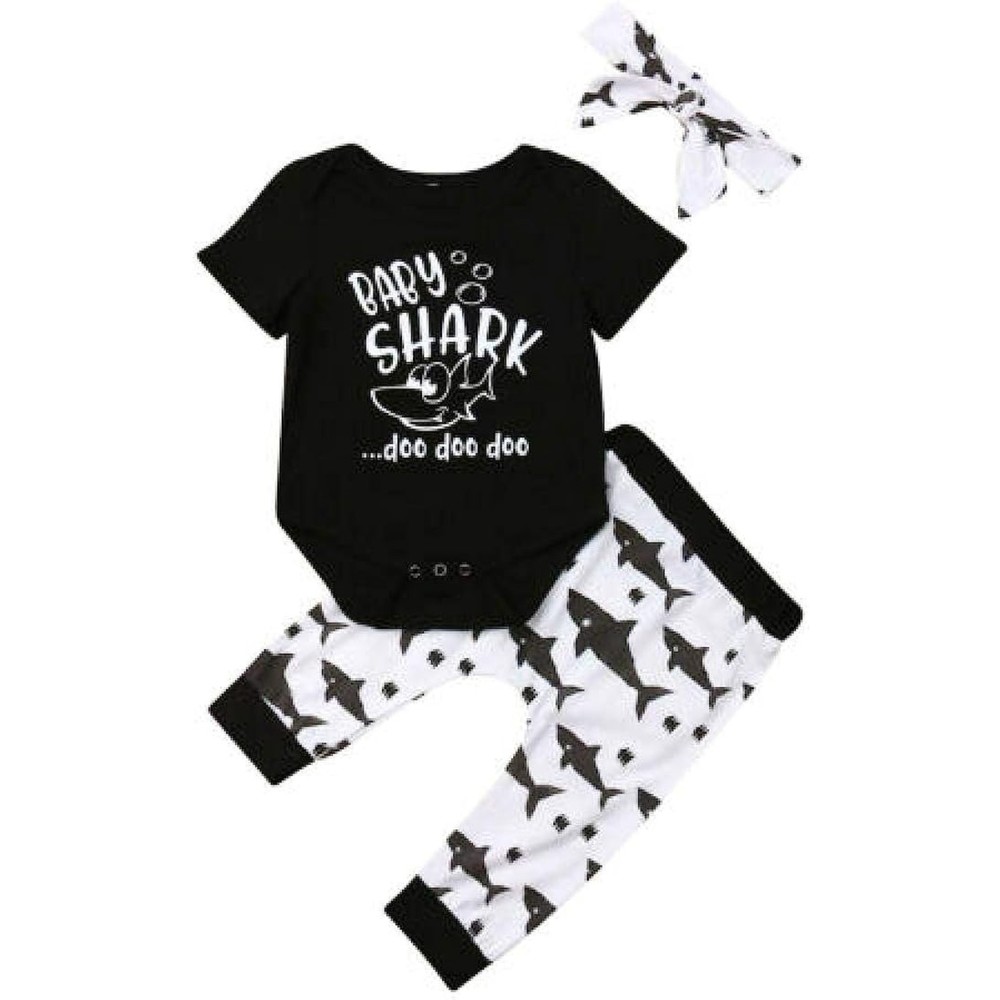 Baby Cute Shark Romper Jumpsuit Bodysuit Long Pants Headband (Black, 0-3 Months)